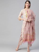 Women Cotton White Ethnic Motifs Printed Straight Kurta Pant Dupatta Set